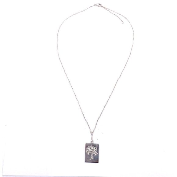 925 Sterling Silver Engraved Rhinestone Tree Rectangle Pendant Chain Necklace 17 - Picture 1 of 4